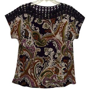 Est 1946 Deep Purple Paisley Embroidered Short Sleeve Top, Women’s Medium